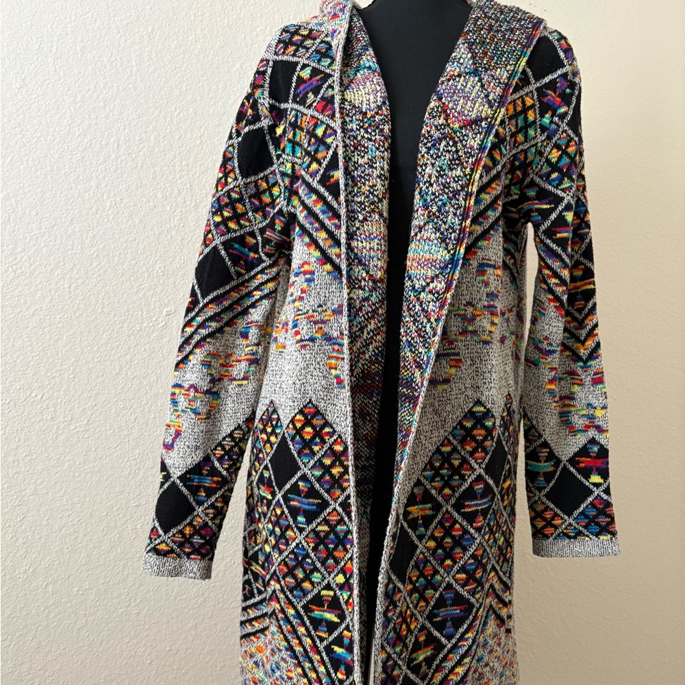 Rainbow Geometric Southwest Knit Open Cardigan 2X Crocheted Hooded Long Sweater - Picture 10 of 10